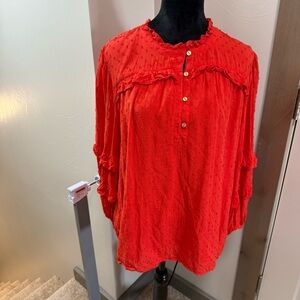 LOFT Coral Bright Orange Swiss Dot Ruffle Detail Long Tiered Sleeve Blouse‎ XL